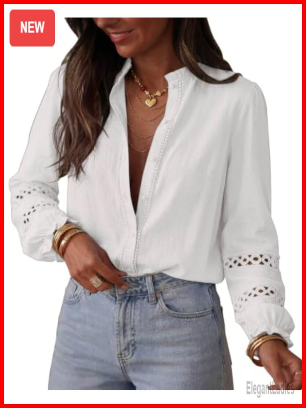100% Cotton Eyelet Long Sleeve Button Up Blouse Womens Loose Fit Peasant Top